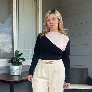 Commense Black and Blush Long Sleeve Colorblock Blouse